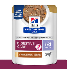 Hill's i/d faible en graisse, ragoût poulet-carotte-riz, sachet de 2,8 oz, 24 sachets.