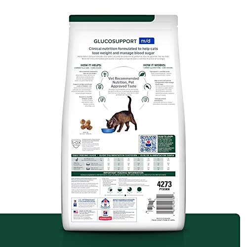 Hill's m/d GlucoSupport croquettes poulet dans une assiette, goût appétissant et gestion possible du glucose.