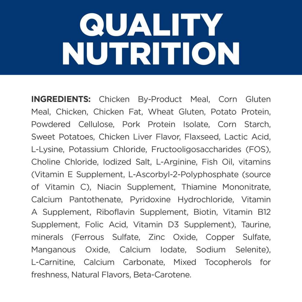 Hill's m/d GlucoSupport chat croquettes protéines élevées et glucides adaptés pour un repas équilibré.