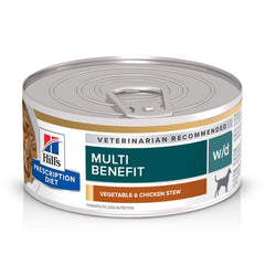 Hill's Prescription Diet wd multi-benefit conserve poulet et légumes, soutien digestif et urinaire.