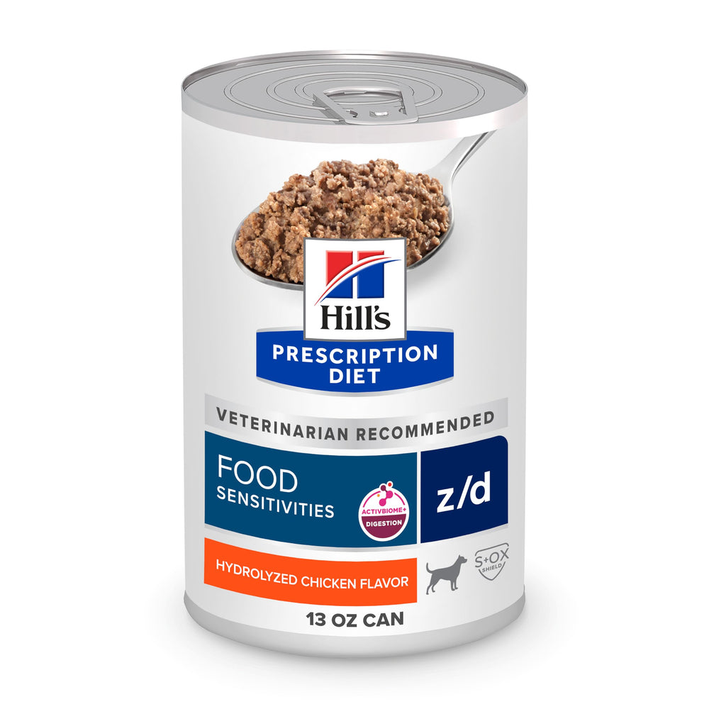 Hill's Prescription Diet z/d en boîte hydrolysée pour chiens sensibles et peaux.