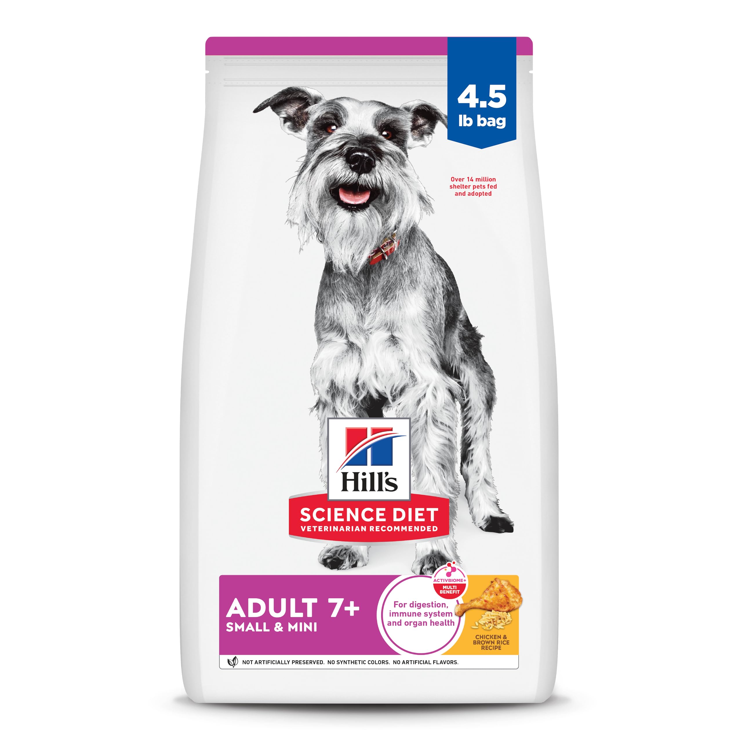 Hill's Science Diet Adult 7+ Petits croquettes poulet et riz brun – énergie et vitalité quotidiennes.