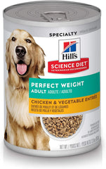 Hill's Science Diet Adult Perfect Weight – boîte ouverte montrant poulet et légumes, repas équilibré.