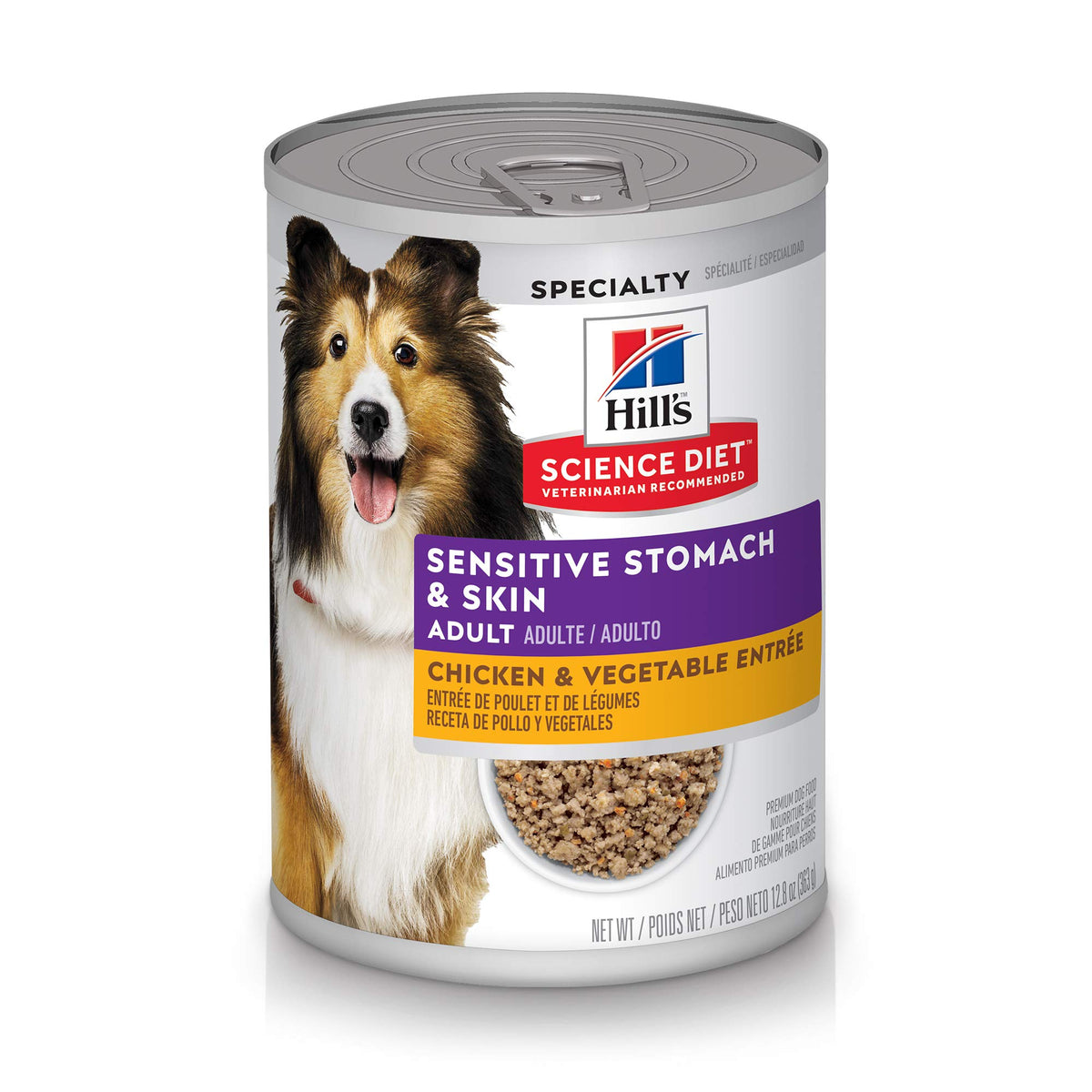 Hill's Science Diet Adult Sensitive Stomach & Skin – pâtée humide au poulet et légumes, aide la peau.