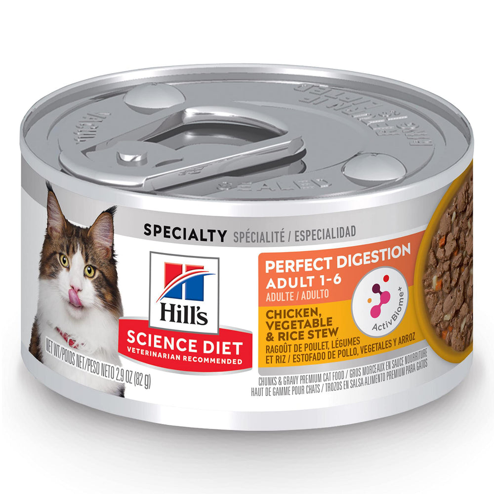 Hill's Science Diet Adult 1-6, boîte poulet-légumes-riz, repas appétissant soutenant digestion équilibrée.