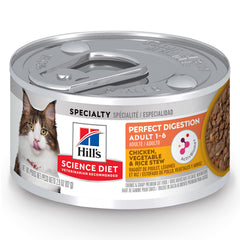 Hill's Science Diet Adult 1-6, boîte poulet-légumes-riz, repas appétissant soutenant digestion équilibrée.