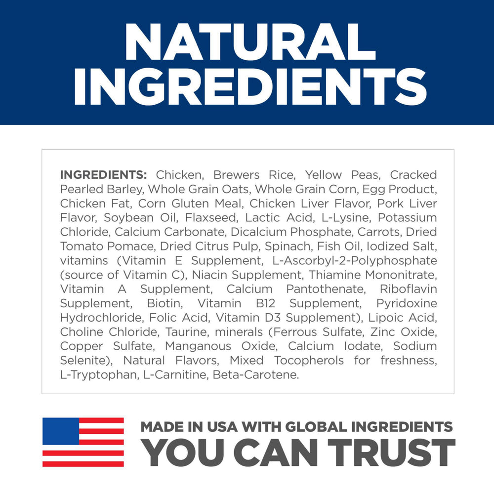 Hill's Science Diet Adulte 7+ emballage USA — origine et transparence des ingrédients.