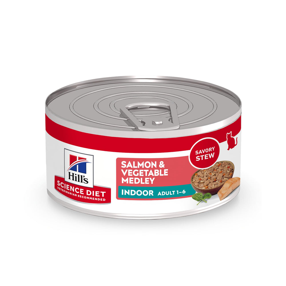 Hill's Science Diet Adulte Chat Intérieur – saumon et légumes, boîte 5,5 oz, 24 pack, texture appétissante.
