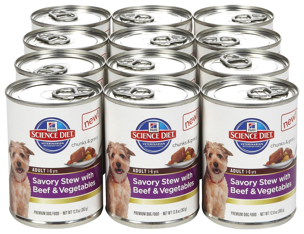 Conserve Hill's Science Diet Adult Savory Stew boeuf et legumes, solution rapide pour repas quotidien.
