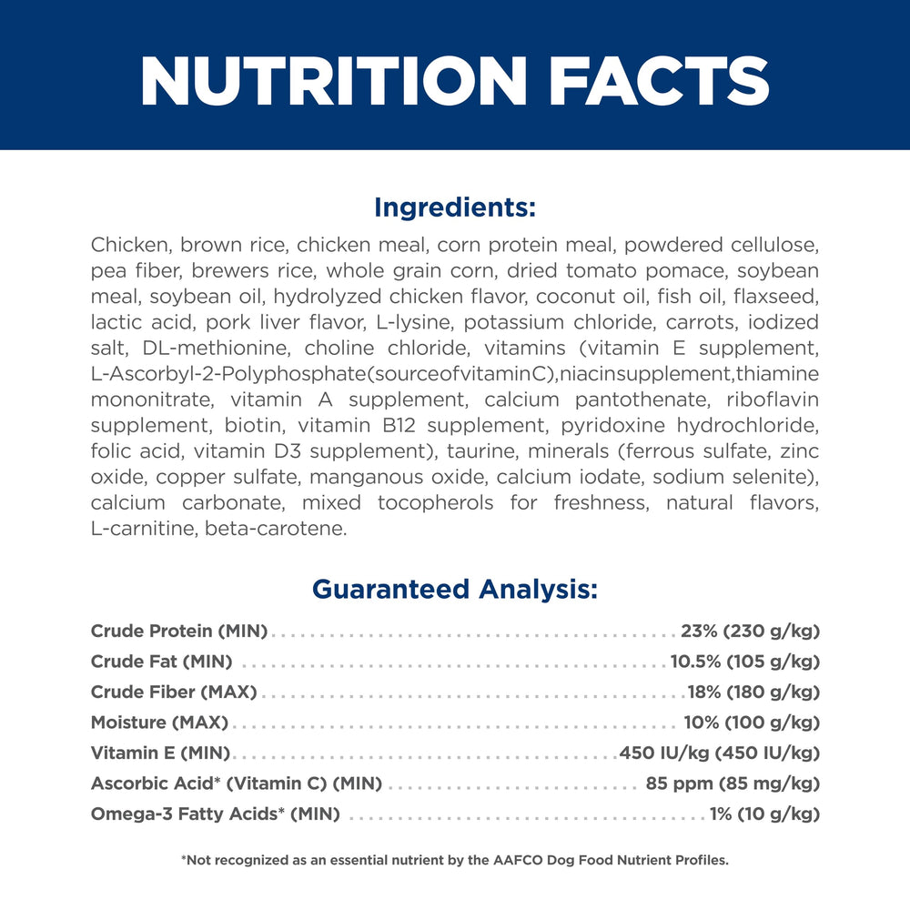 Étiquette Hill's Science Diet indiquant fabrication USA et ingrédients mondiaux