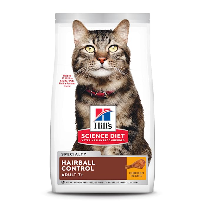 Hill's Hairball Control 7+ apporte oméga-3 et oméga-6 pour un pelage sain et brillant.