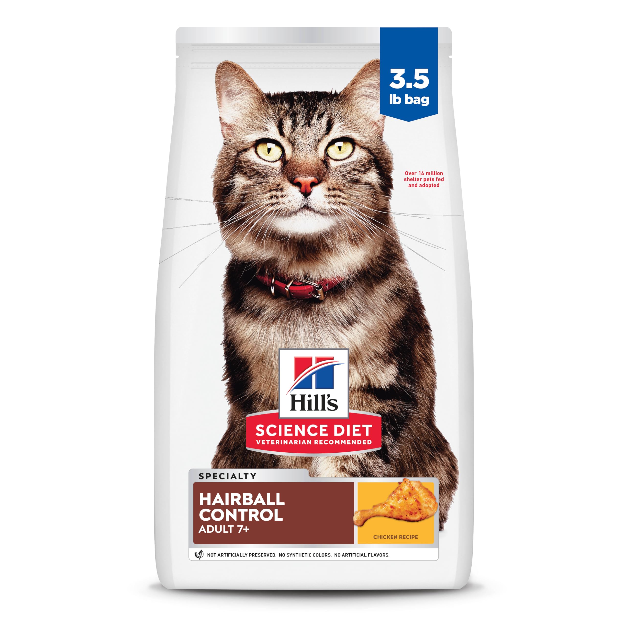 Hill's Science Diet Hairball Control 7+ croquettes au poulet, aidant potentiellement les boules de poils.
