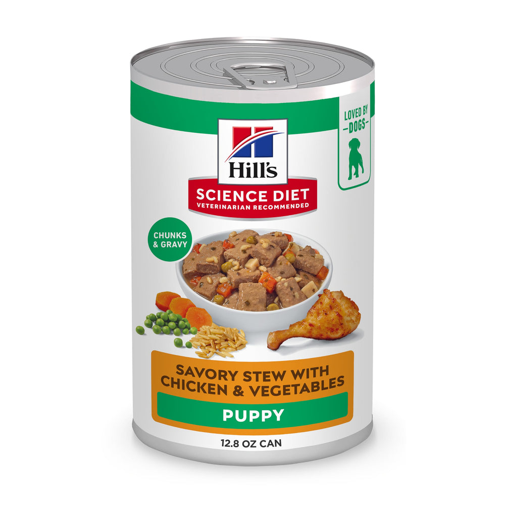 Hill's Science Diet chiots Ragoût Savoureux emballage poulet et légumes.
