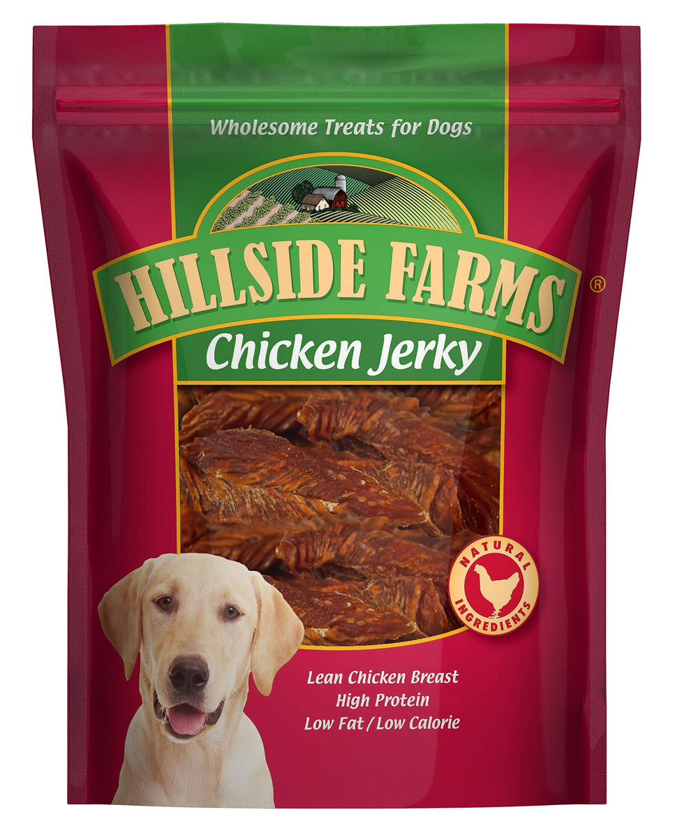 Friandise Hillside Farms jerky au poulet en emballage, sans céréales.