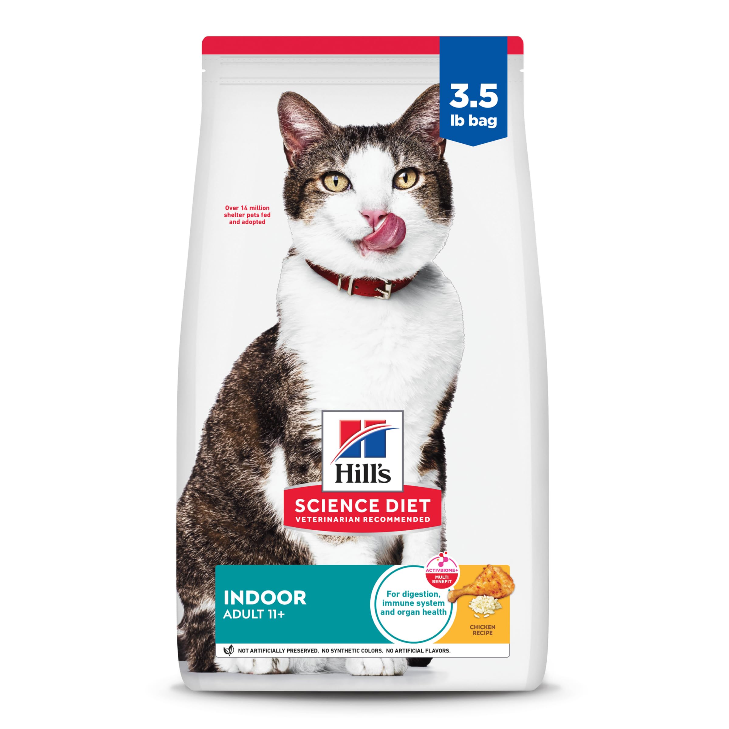 Hill's Science Diet Senior 11+ Indoor croquettes poulet visibles dans le sac, repas apprécié