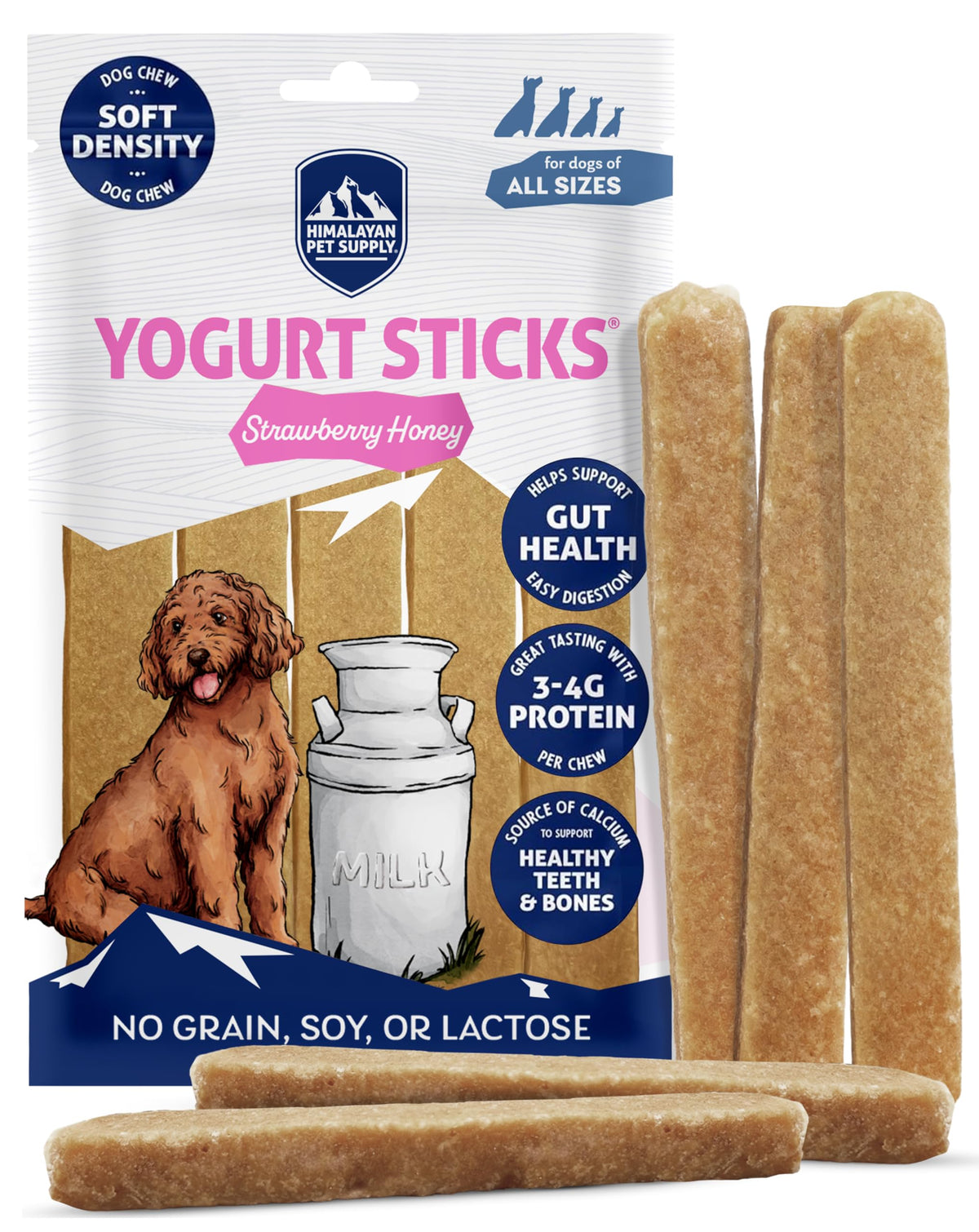 Himalayan Dog Chew bâtonnets yaourt fraise miel texture douce idéale pour tous les chiens