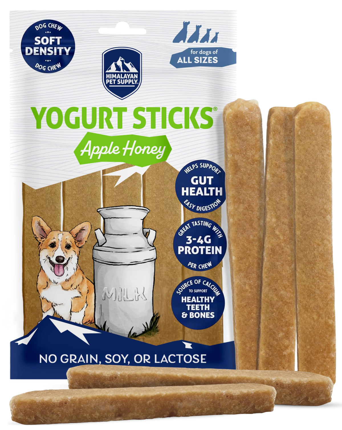 Himalayan Dog Chew batonnet yaourt pomme miel, texture douce idéale pour tous les chiens.