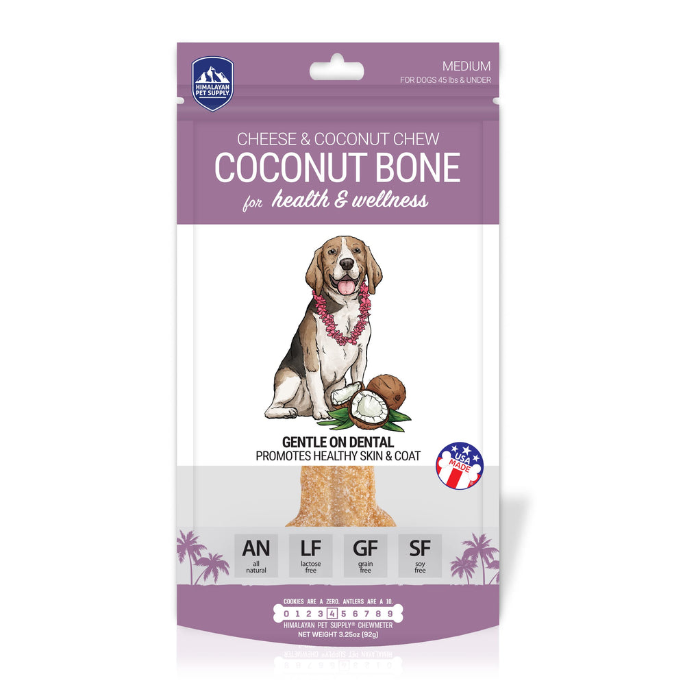 Himalayan Dog Chew Coconut Bone emballage montrant le produit, option durable pour les chiens.