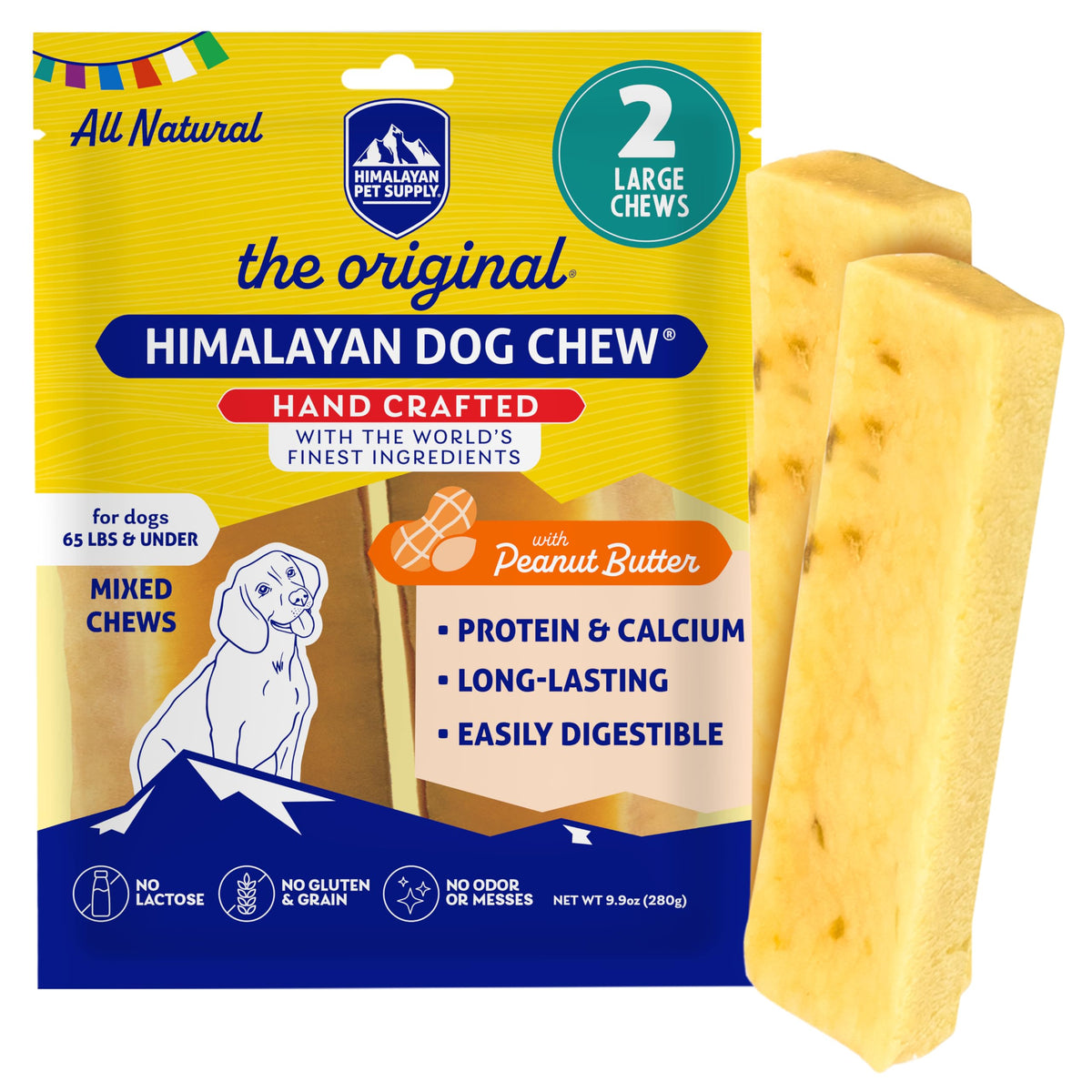 Emballage Himalayan Dog Chew montrant un produit naturel prêt à la dégustation.