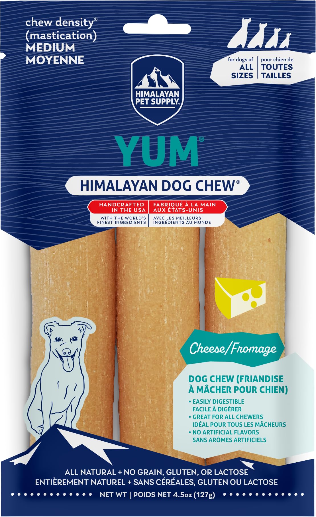 Himalayan Dog Chew: bouchée fromage yak sans lactose, emballage refermable et longue dégustation pour chiens.
