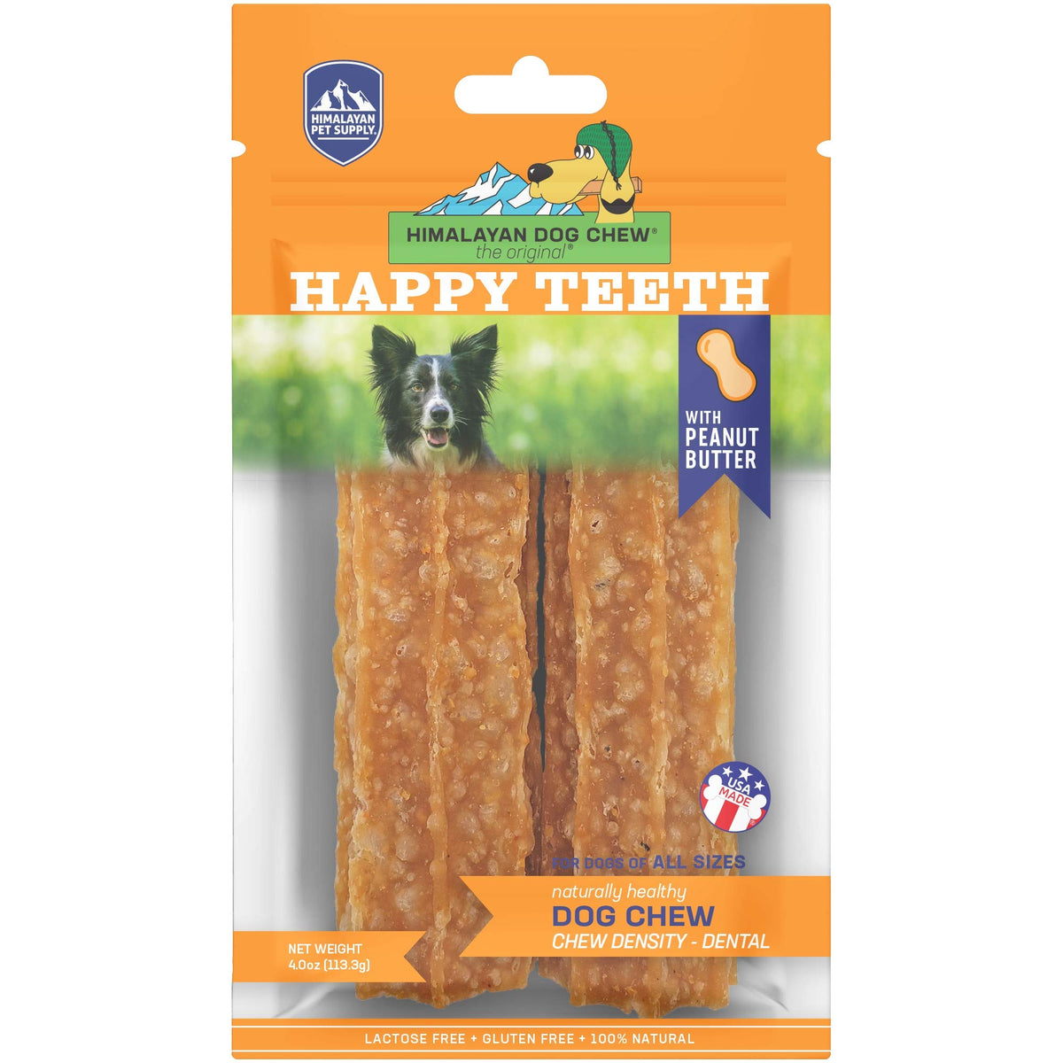Himalayan Dog Chew Happy Teeth avec fromage yak, texture douce et bénéfice dentaire potentiel.