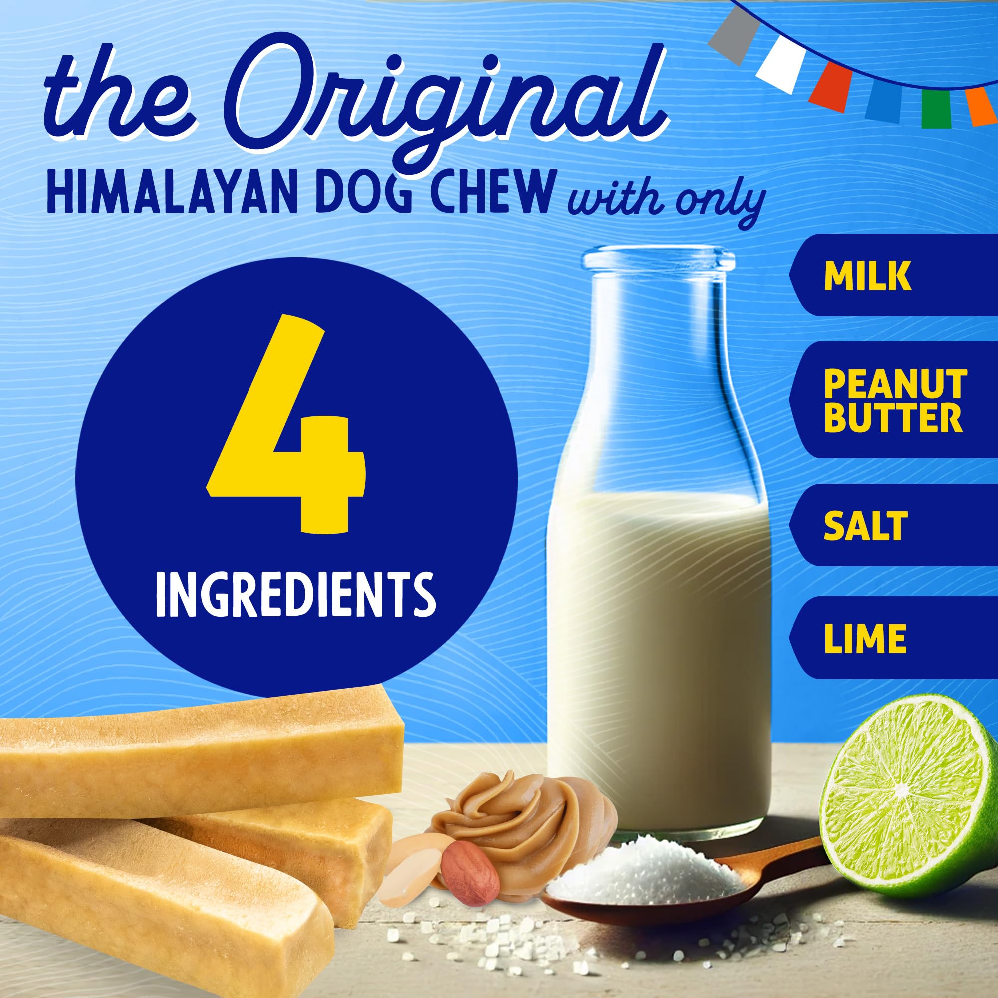 Ingrédients-quatre-ingredients Himalayan Dog Chew met en avant simplicité et pureté.
