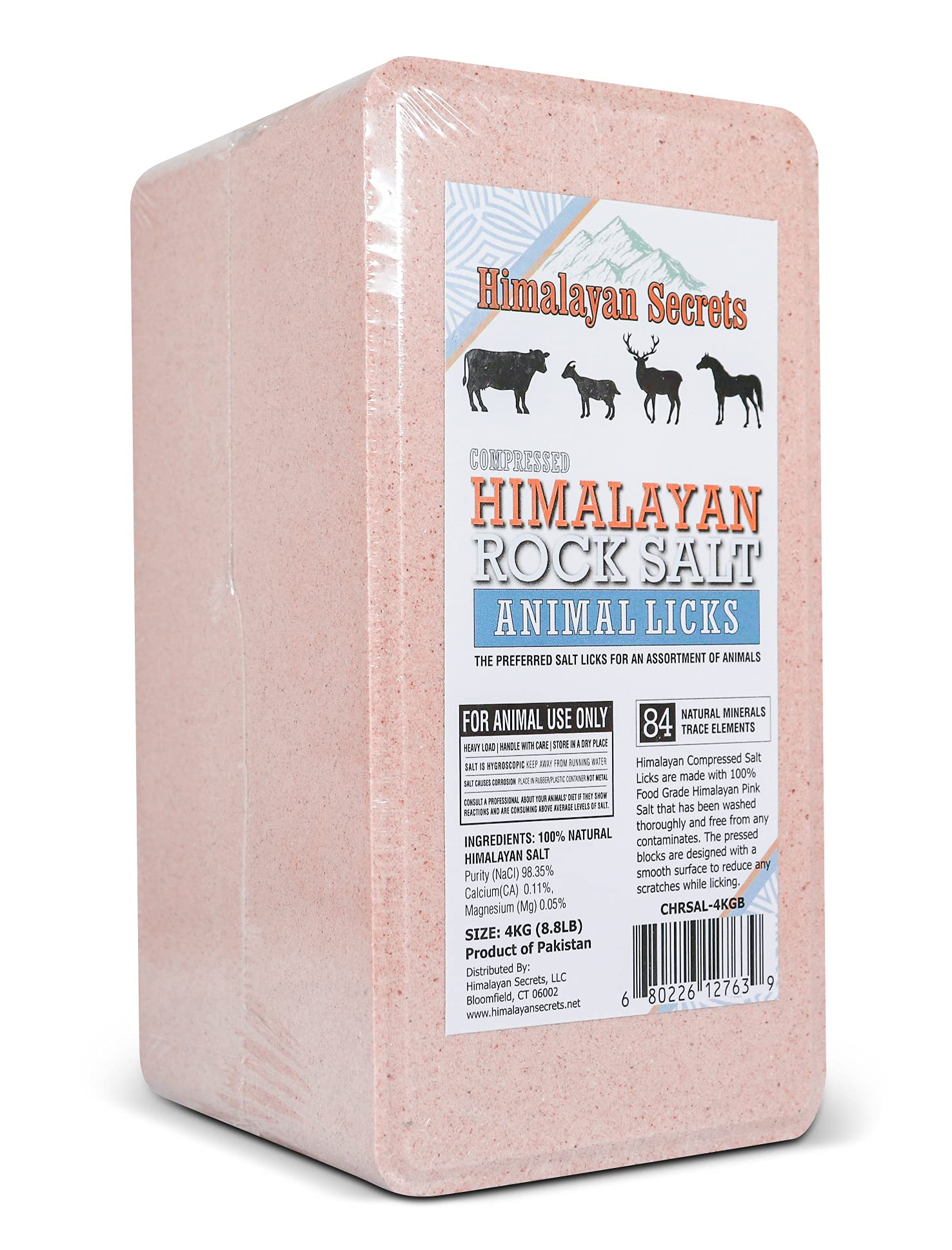 Bloc de sel rose Himalayan Secrets, surface lisse pour léchage sûr des chevaux.