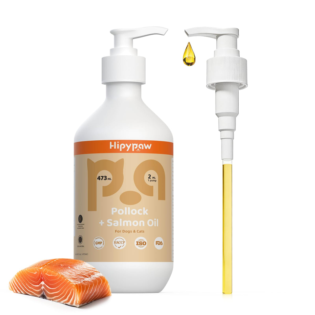 Hipypaw huile poisson omega-3 en bouteille pompe, dosage facile pour chiens et chats.
