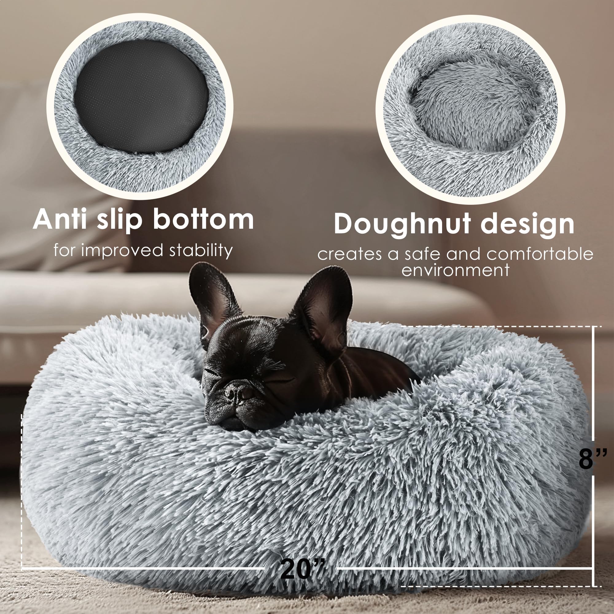 Hoewina lit-donut pet gris clair, douceur pelucheuse pour repos.
