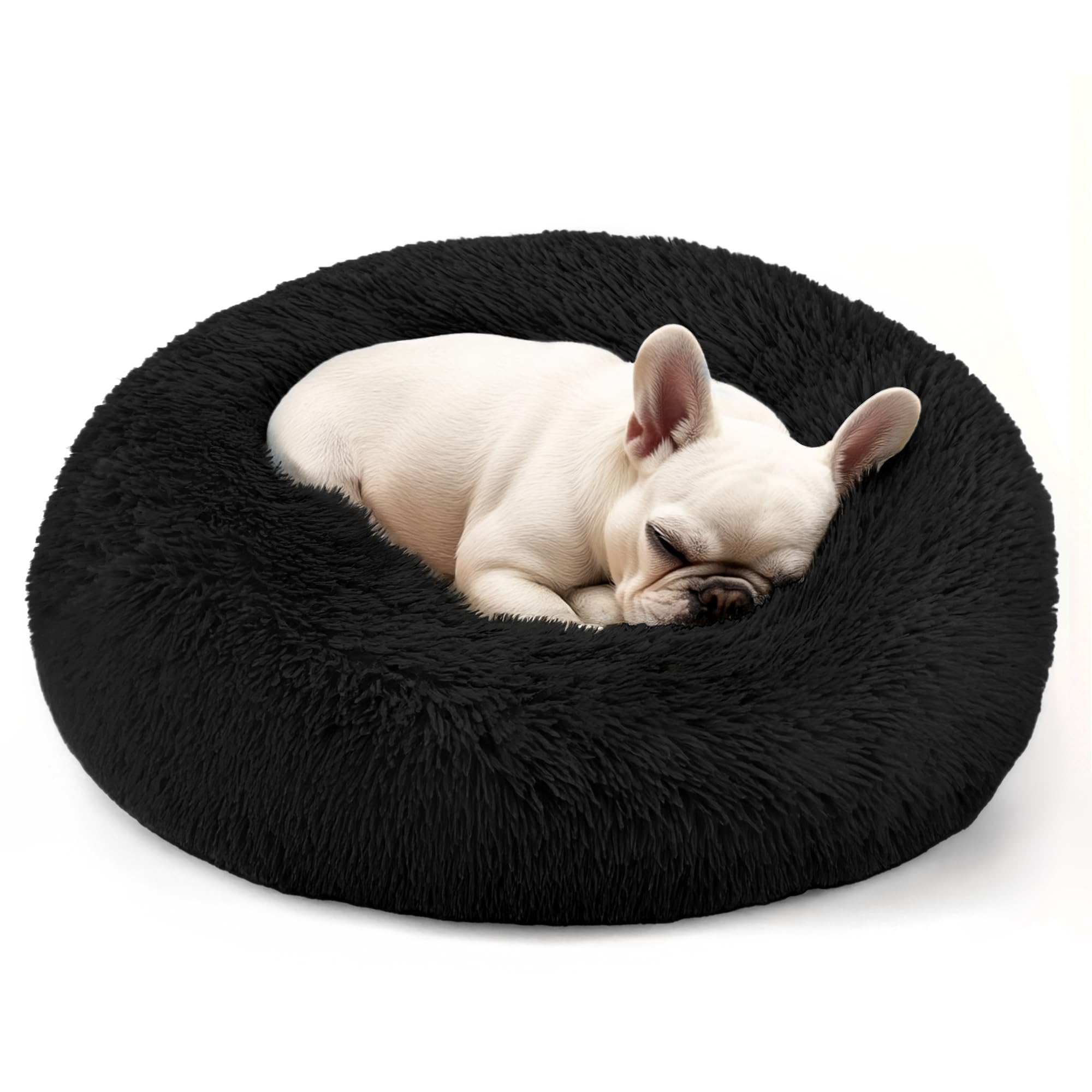 Lit donut Hoewina pour petit chien noir, confort doux et sécurisant.