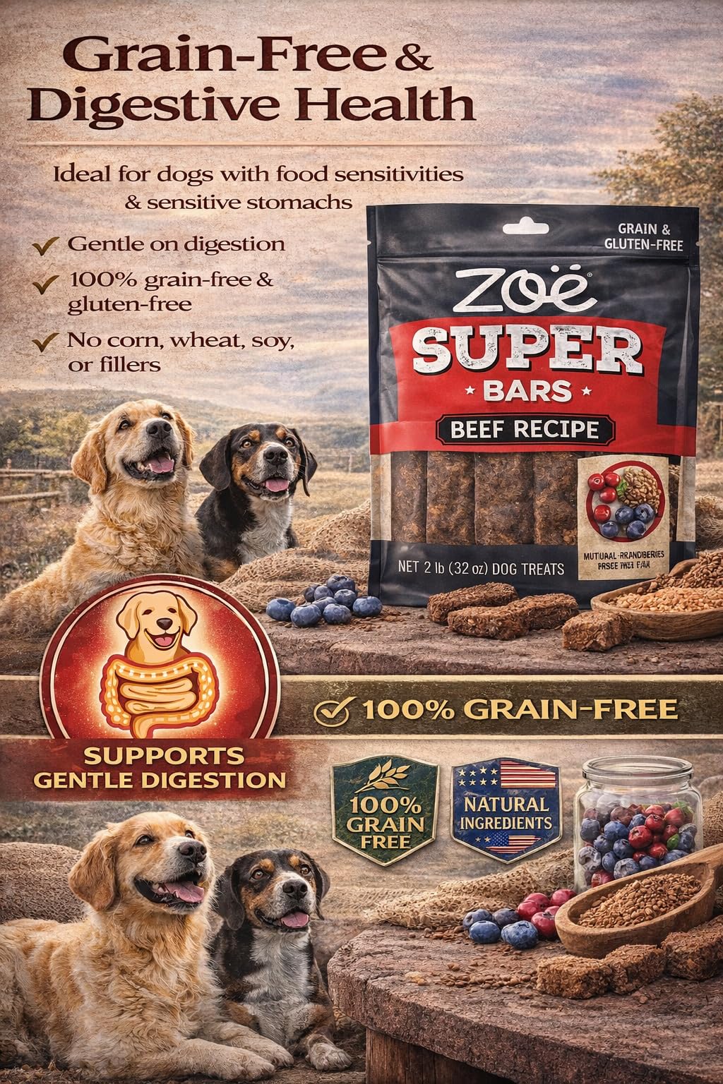 Hoiyen Zoë Super Bars Myrtilles Lin, mélange naturel pour peau et pelage brillants.