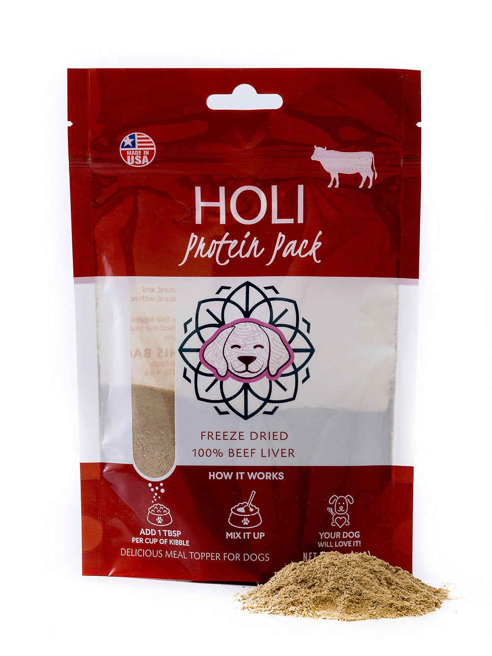 HOLI Poudre de foie de bœuf lyophilisée en sachet pour rehausser les croquettes.