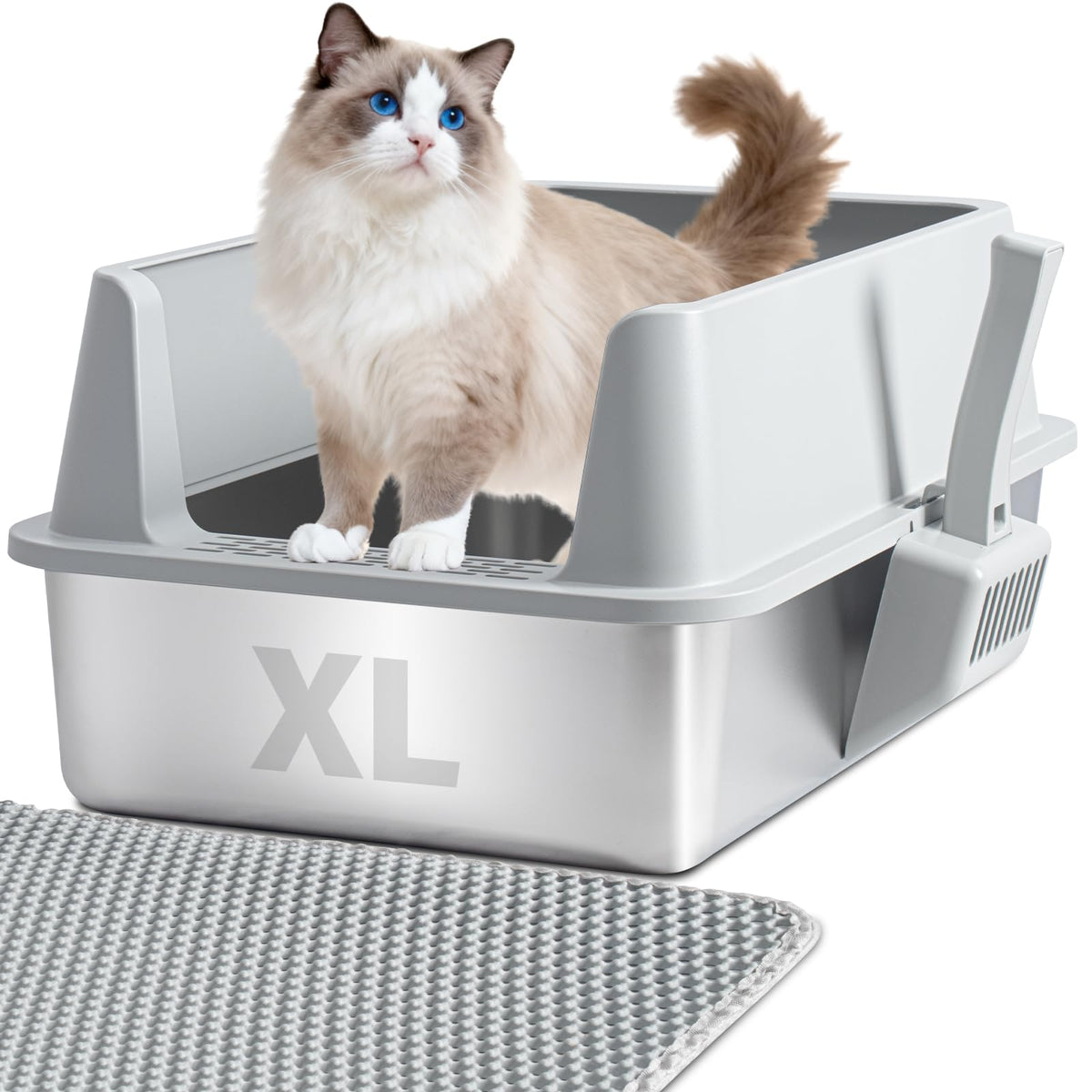 Holintan bac litière inox avec couvercle XL pour grands chats et entretien facile.