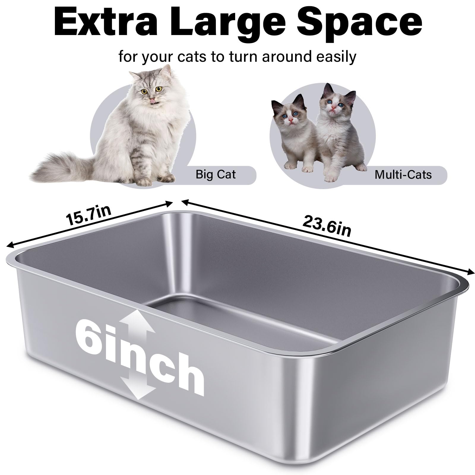 Holintan bac litière inox XXL – dimensions généreuses pour grands chats.