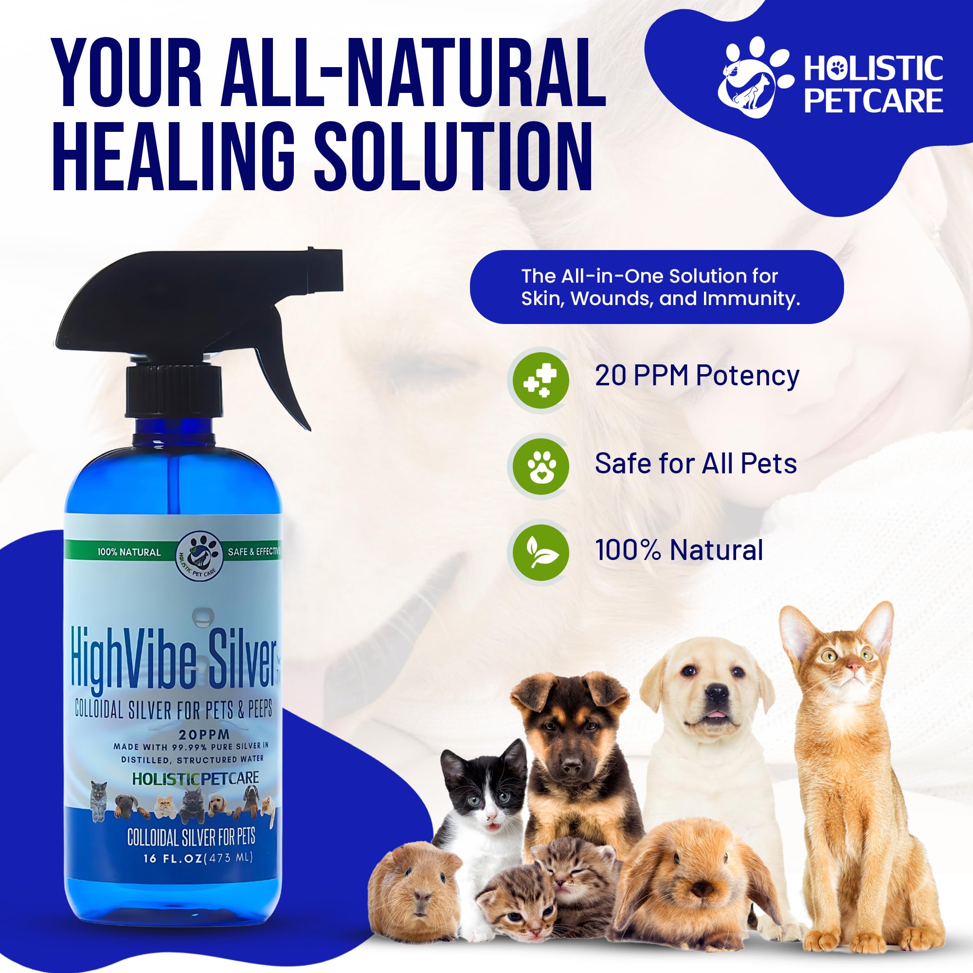 HOLISTIC PET CARE Colloidal Silver, bouteille 32oz, usage prolongé pour routine de soins.