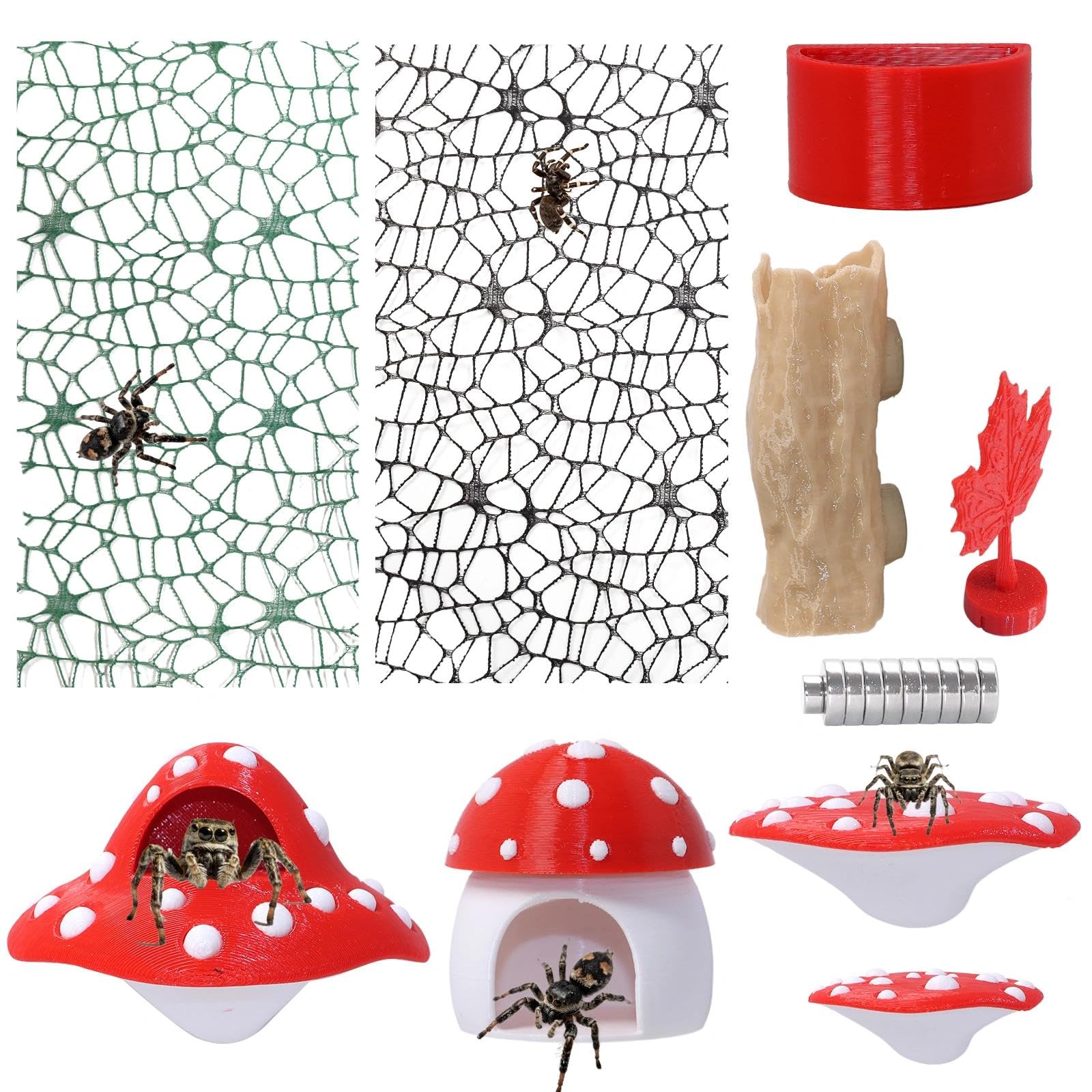 Hollima accessoires terrarium araignée sauterante 3D avec plateformes champignon rouges magnétiques.