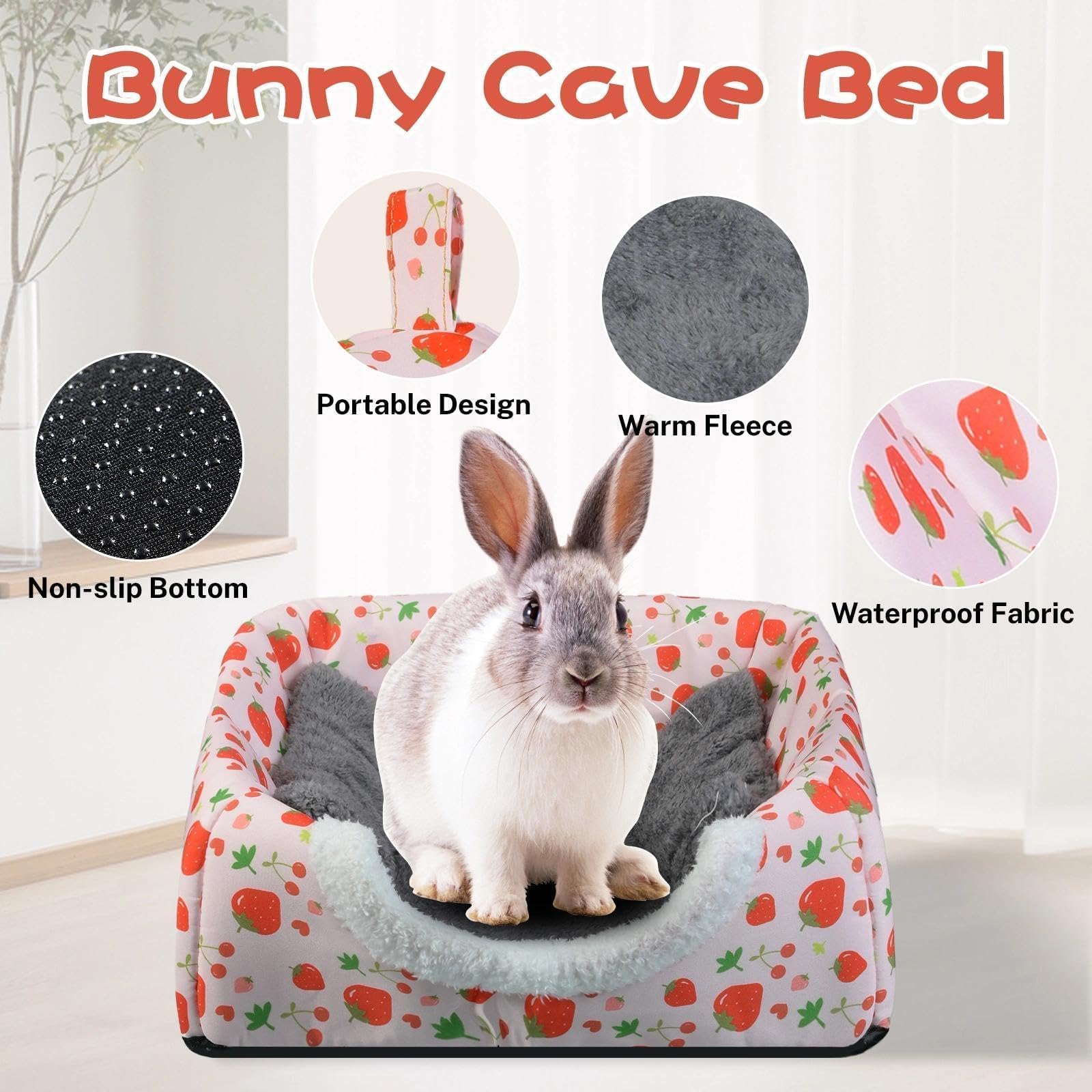 Hollima lit-lapin-doux-design-fraises: couchage moelleux avec motif fraise pour petits animaux.