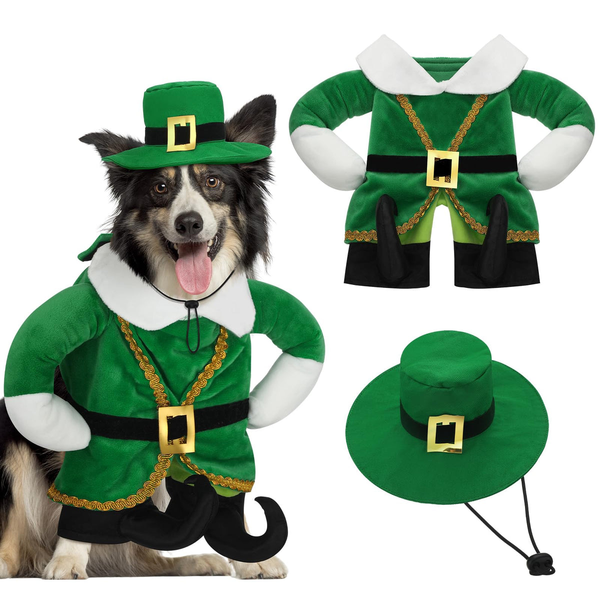 Déguisement Hollowfly chien lutin Saint-Patrick vert, prêt pour les photos festives.