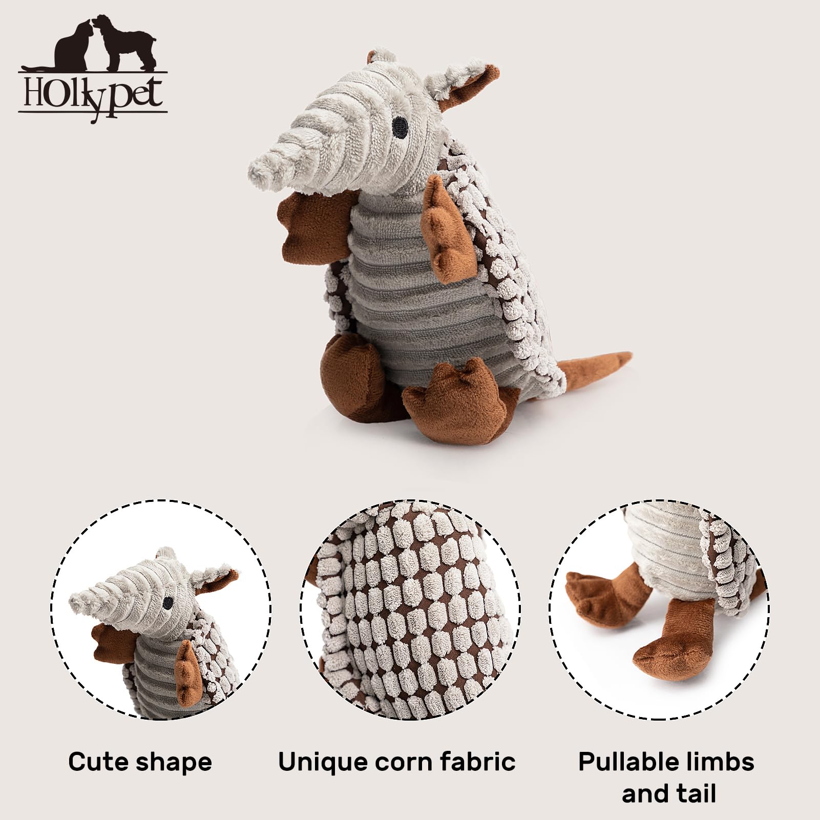 Corps pelucheux Armadillo Hollypet gris, texture douce agréable au toucher.