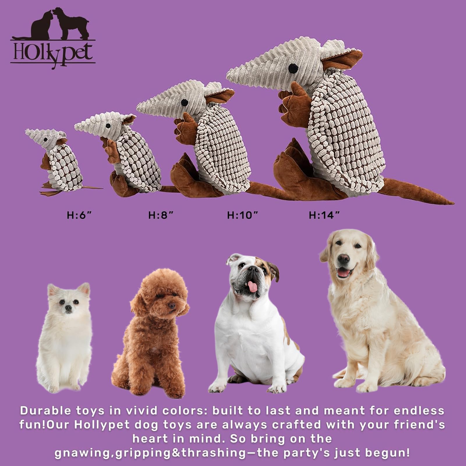 Face du jouet Hollypet Armadillo gris, design mignon pour petits et moyens chiens.