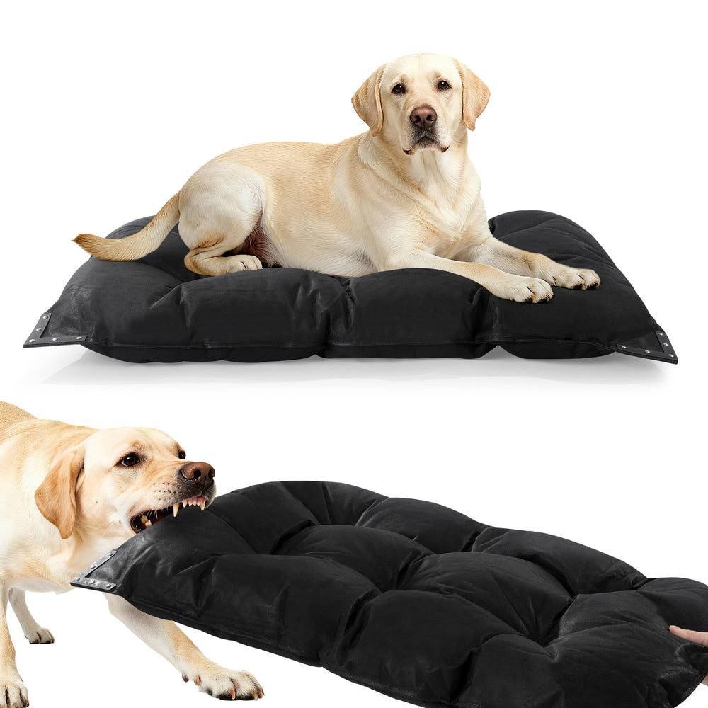Lit chien HOMBYS indestructible avec rivets renforcés pour la mastication, vue latérale.