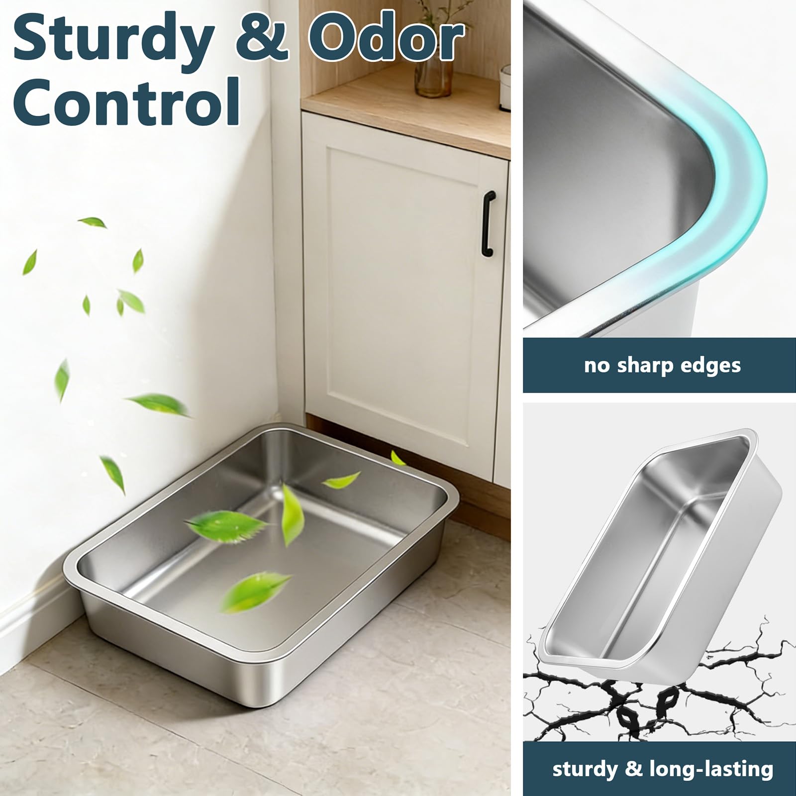 Bac Homegroove inoxydable avec coins arrondis pour sécurité et confort des chats.