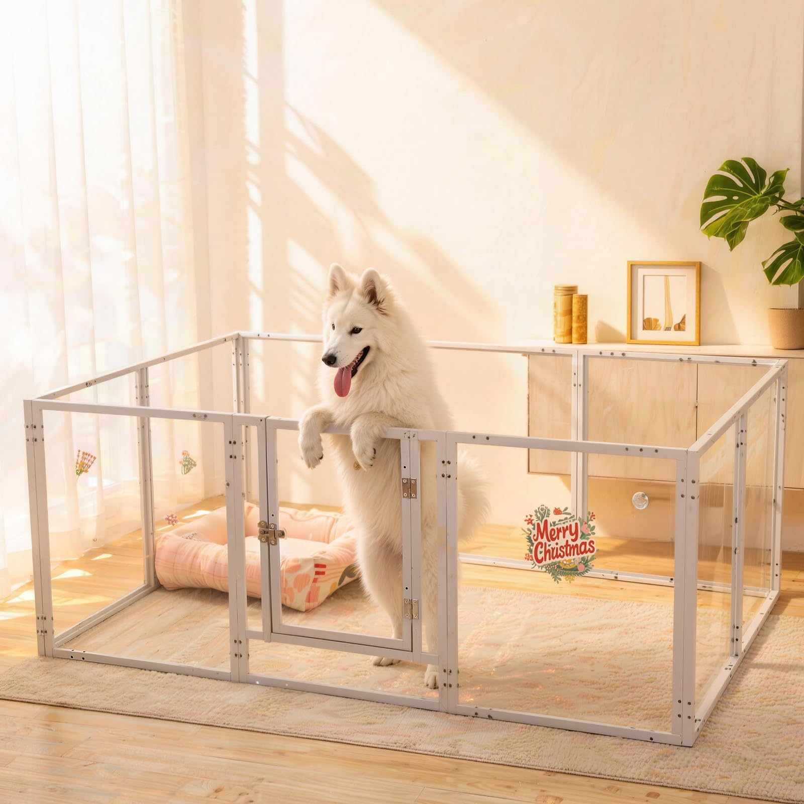 Homelio enclos en acrylique pour chiots avec porte transparente, surveillance aisée.
