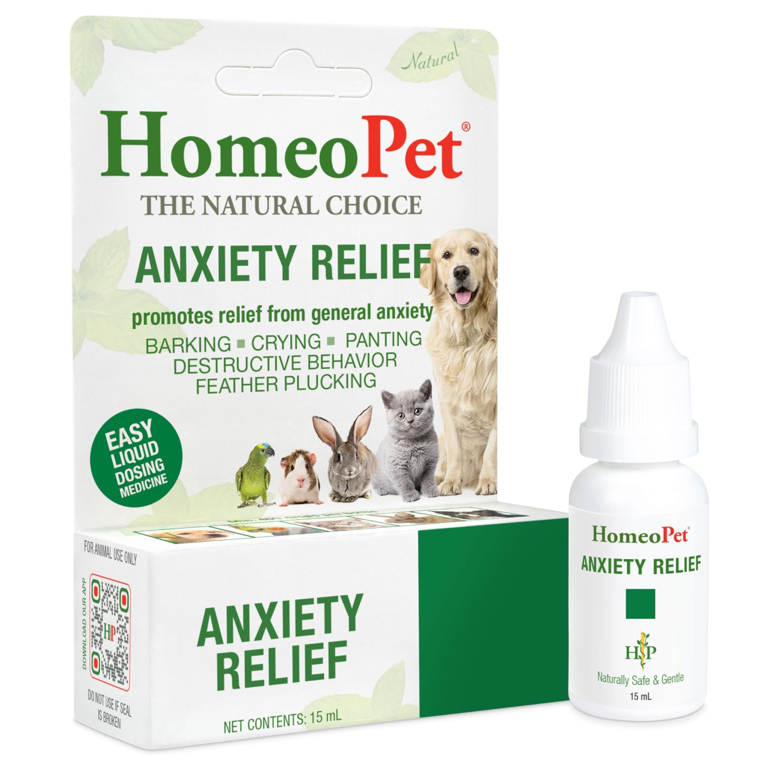 HomeoPet Anxiety Relief - bouteille, administration facile pour apaiser chiens et chats.