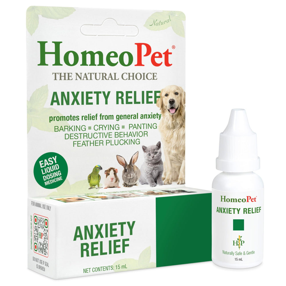 HomeoPet Anxiety Relief - bouteille, administration facile pour apaiser chiens et chats.