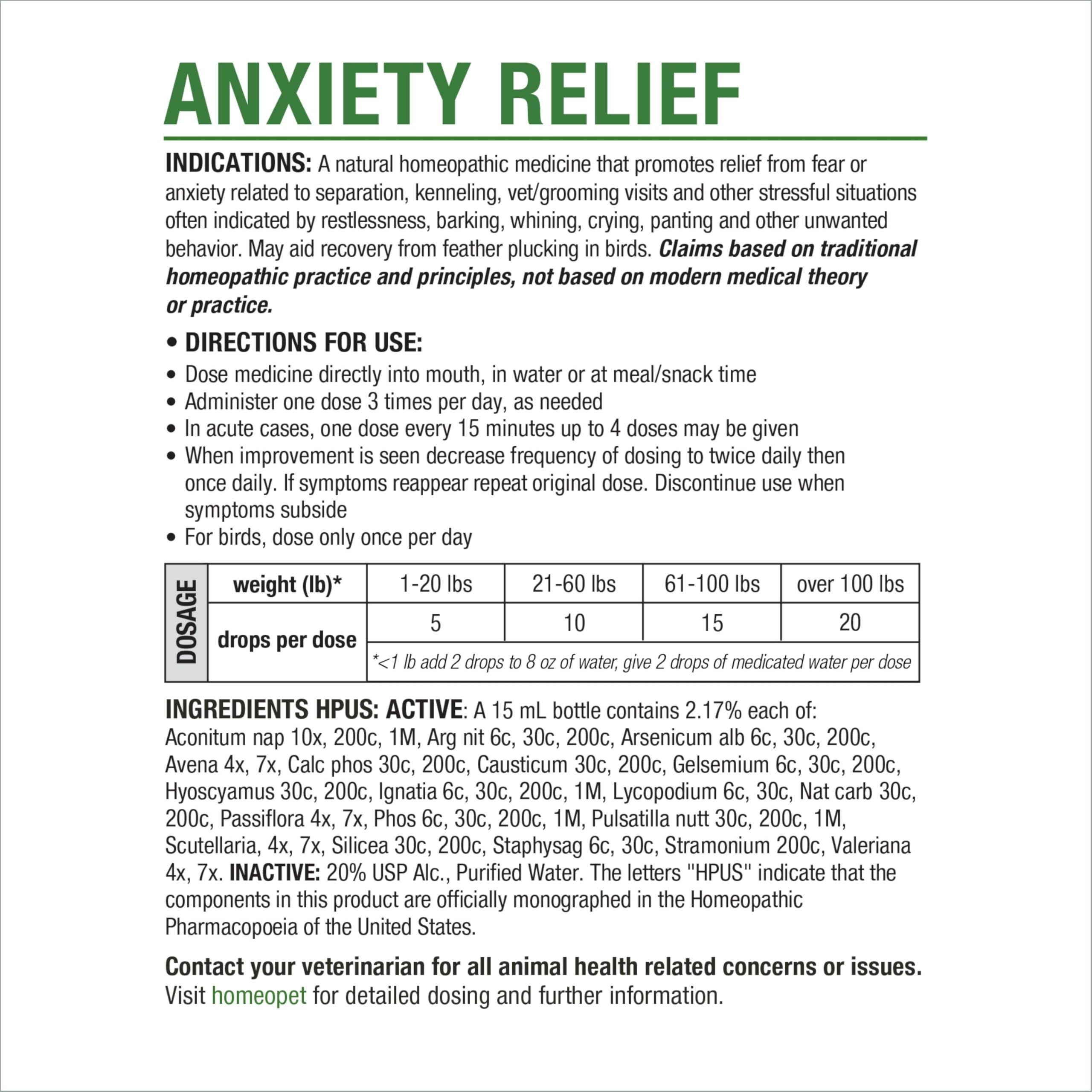 HomeoPet Anxiety Relief - posologie adaptée pour chiens et chats de tous âges.