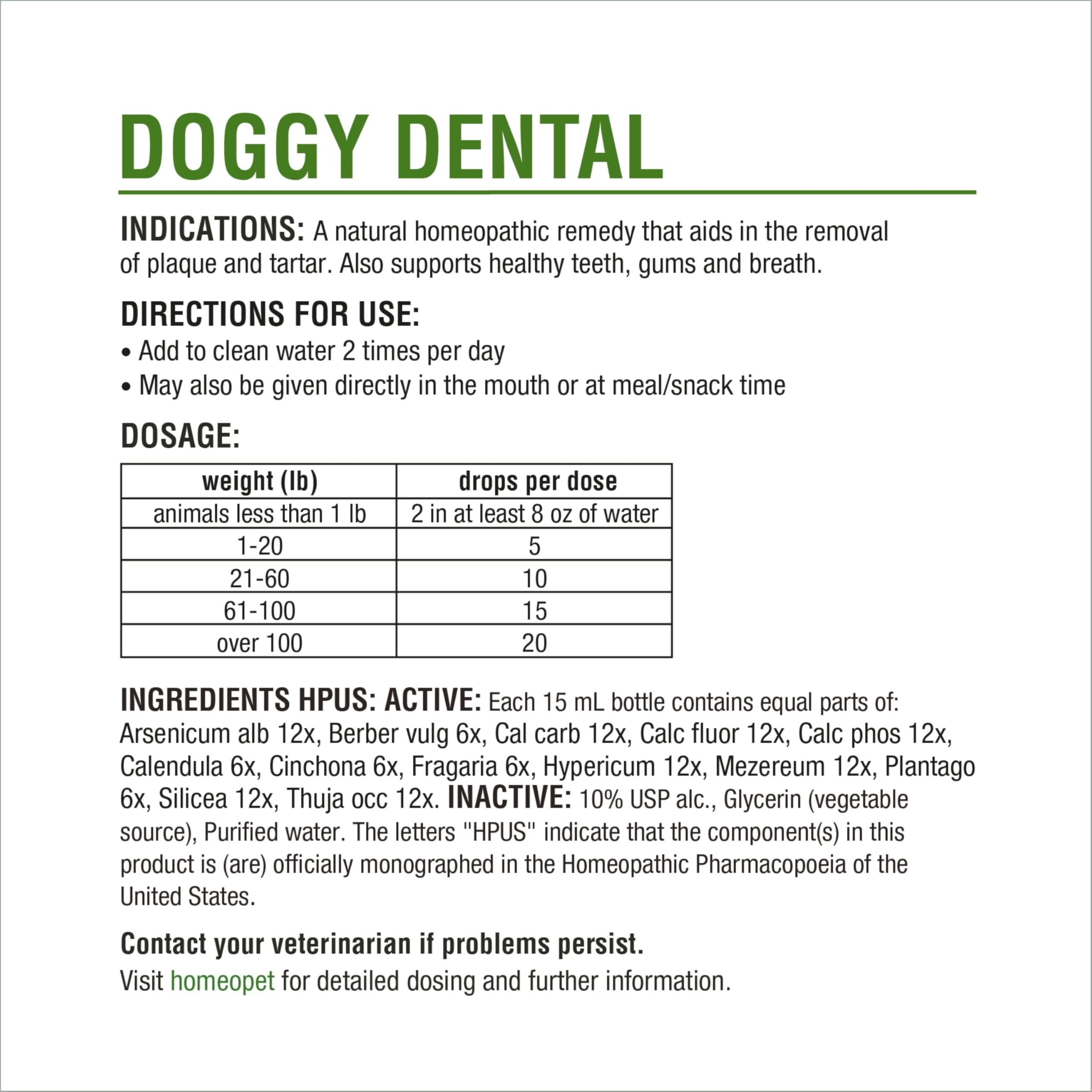 HomeoPet Doggy Dental: sans effets indésirables connus, ingrédients naturels et doux.