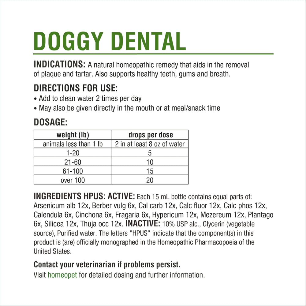 HomeoPet Doggy Dental: sans effets indésirables connus, ingrédients naturels et doux.