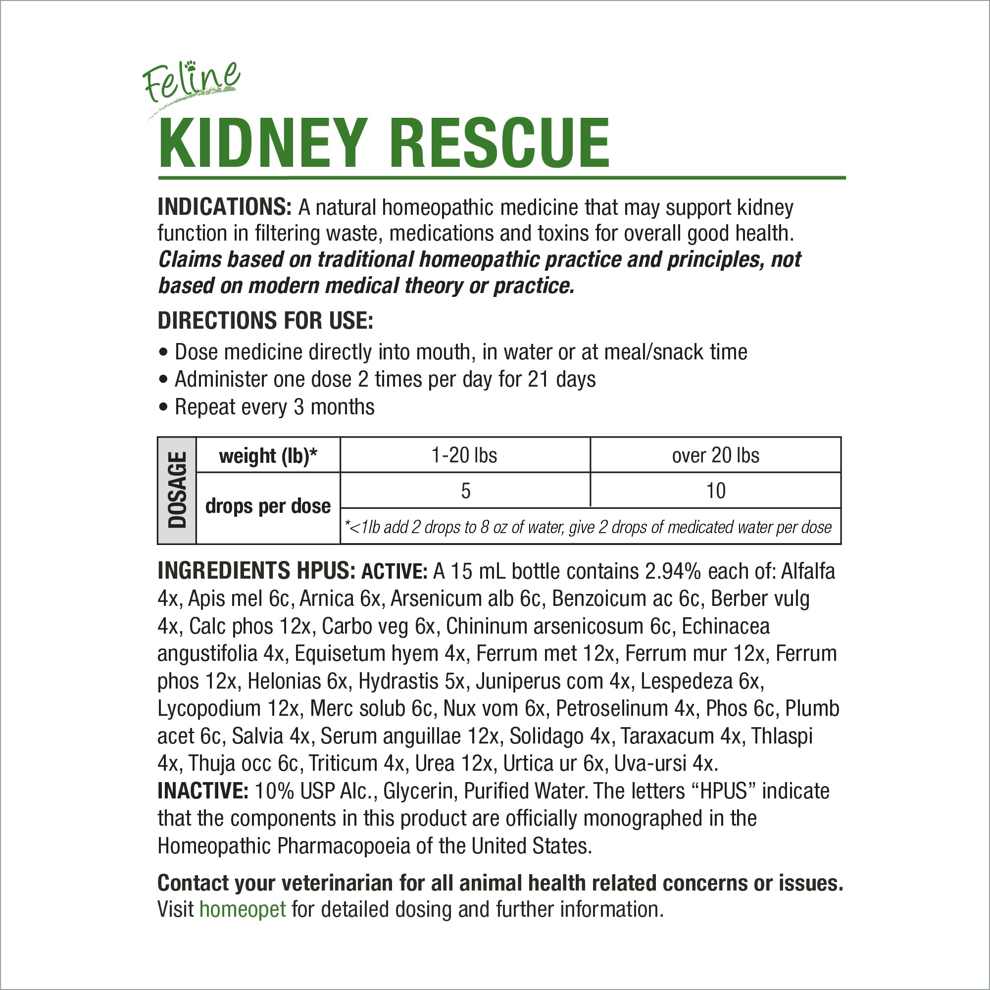 HomeoPet Feline Kidney Rescue, flacon sûr et naturel, sans effets secondaires connus.
