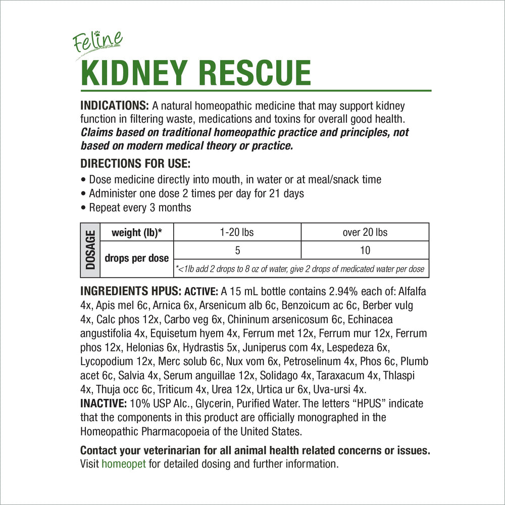 HomeoPet Feline Kidney Rescue, flacon sûr et naturel, sans effets secondaires connus.